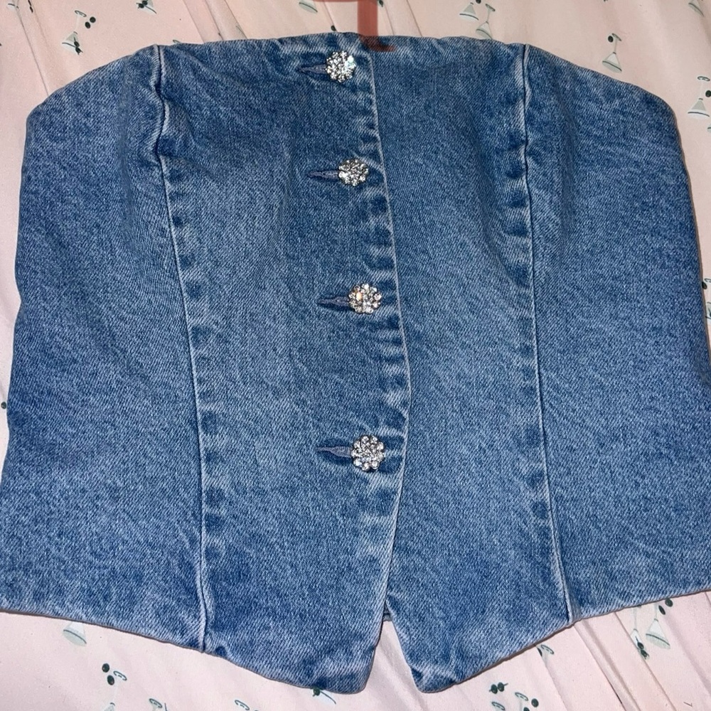 Blue Denim Corset Top with Rhinestone Buttons